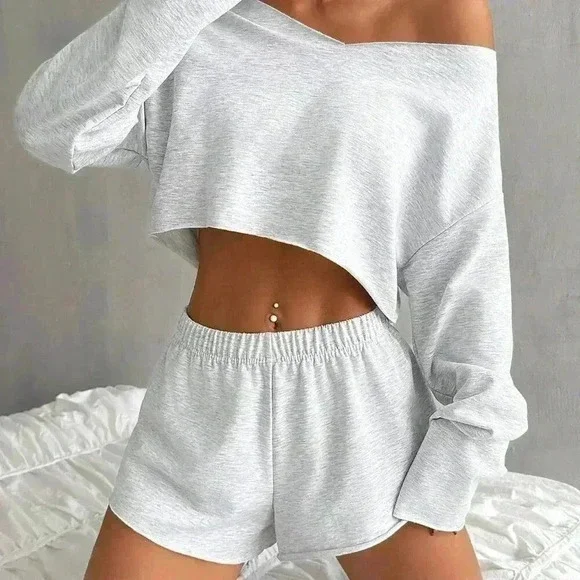 Grey Casual Women's Summer Solid Color Crop Top And Shorts Set - Picture 5 of 6